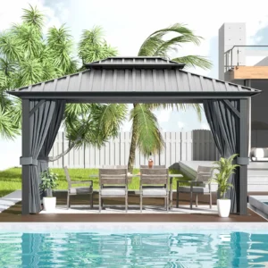 Sunmthink 10x12 ft. Hardtop Gazebo with Mosquite Netting, Double Metal Roof for Lawn and Garden, Brown