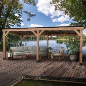 Backyard Discovery Arcadia 24' x 12' Cedar Wood Outdoor Patio Gazebo with Hardtop Galvanized Steel Slope Roof and PowerPort
