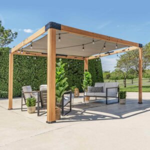 Backyard Discovery Brendan 12' x 10' Cedar Wood Outdoor Patio Pergola Kit with Shade Sail Canopy and PowerPort